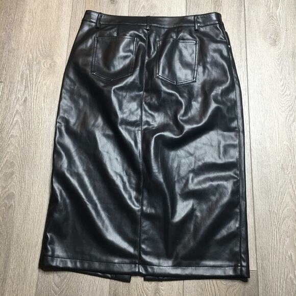 7 For All Mankind Womens Faux Leather Front Slit Straight Midi Skirt Black L - Picture 2 of 7
